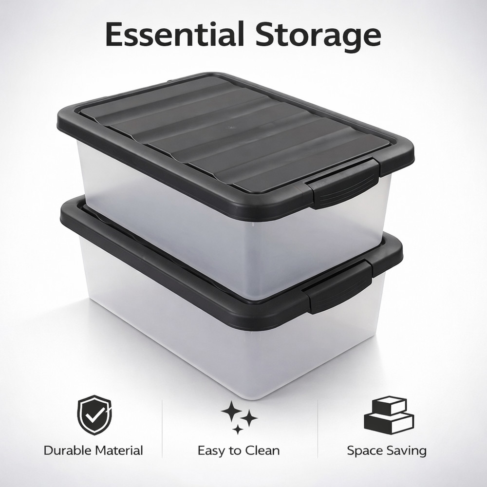 Versatile Plastic Storage Box Organizer Bins with Black Lids, 14 Quart, 2 Packs
