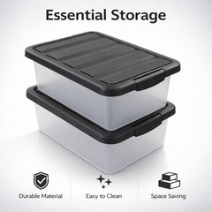 Versatile Plastic Storage Box Organizer Bins with Black Lids, 14 Quart, 2 Packs