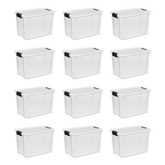Sterilite 30 Qt Clear Plastic Stackable Storage Bin w/White Latch Lid, (12 Pack)