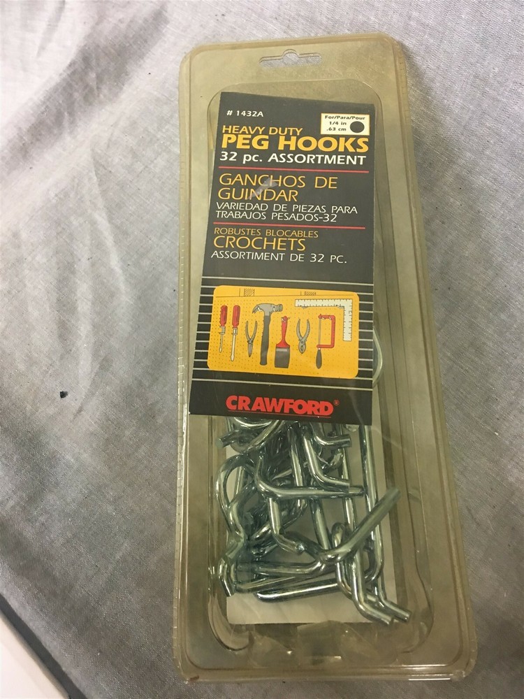 Crawford Heavy Duty Peg Hooks 32 pc Assortment New in Package.