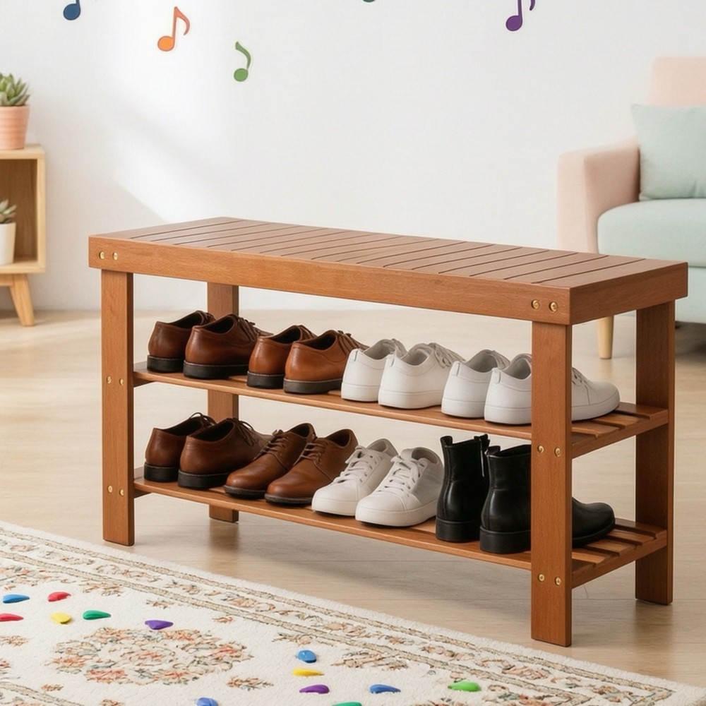 3-Tier Bamboo Shoe Rack Bench – Entryway Mudroom Wooden Storage Shelf Walnut