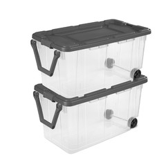 Extra Large 160 Quart Wheeled Bin 2 Pack Clear Latch Lid Pull Handle Gray
