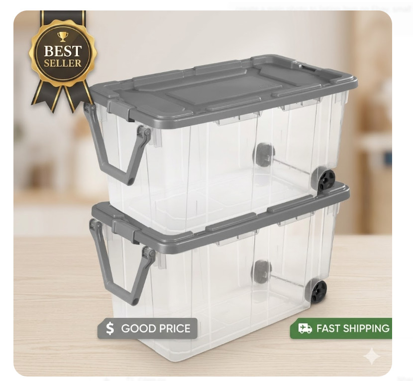 Extra Large 160 Quart Wheeled Bin 2 Pack Clear Latch Lid Pull Handle Gray