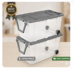 Extra Large 160 Quart Wheeled Bin 2 Pack Clear Latch Lid Pull Handle Gray