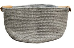 Cotton Rope Decorative Woven Baskets, Vegan Leather Handles Set of 2 in Gray