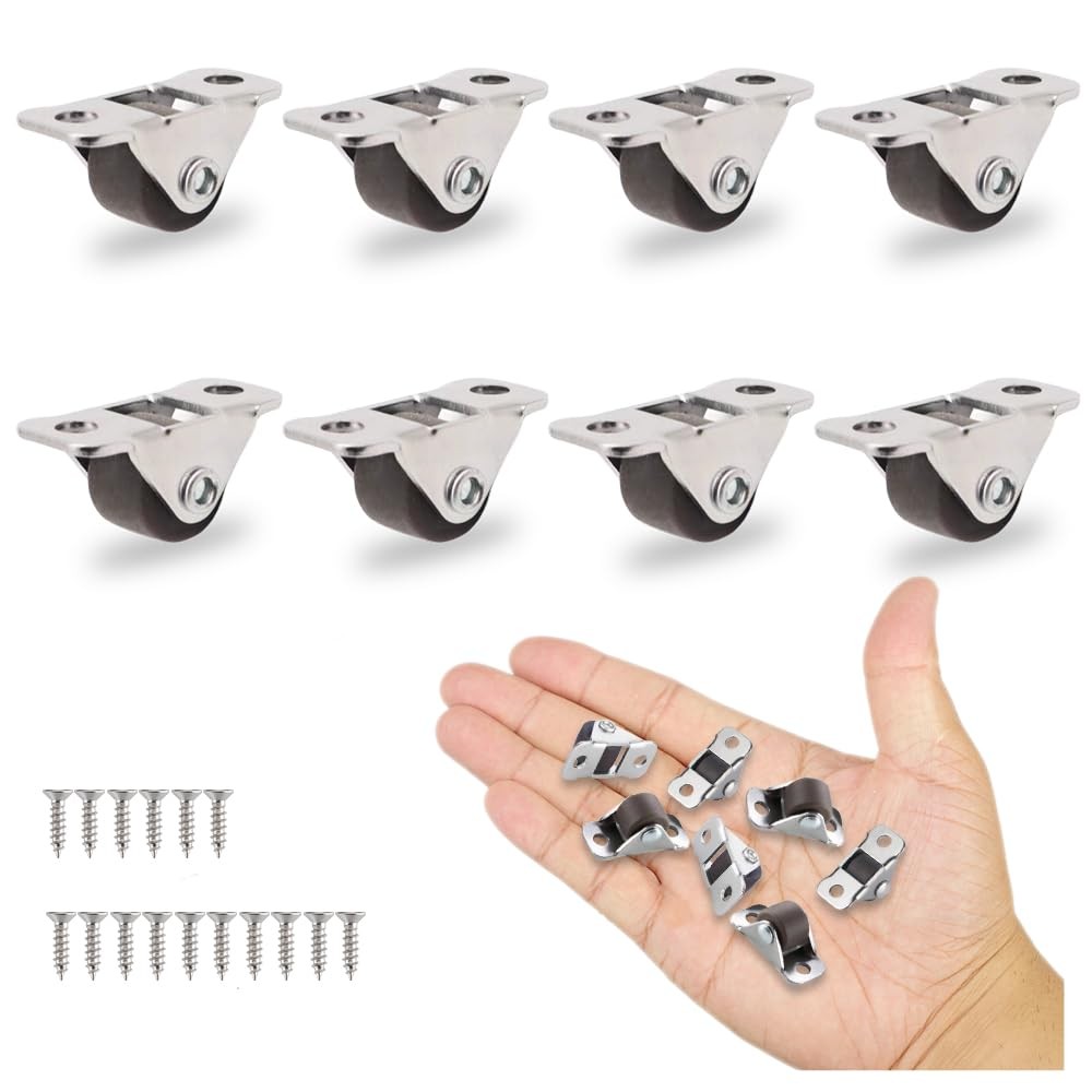8 PCS Mini Rigid Non Swivel Rubber Caster Wheels Steel Top Plate 1/2 Inch