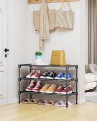 Kitsure 3 Tier Non-Woven Shoe Rack 27.5″ Wide Black Stackable Shoe Organizer