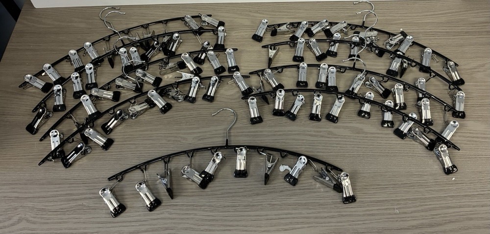 Lot of 9 Metal 9-Clip Skirt Pants Hangers Black Chrome Closet Organizer