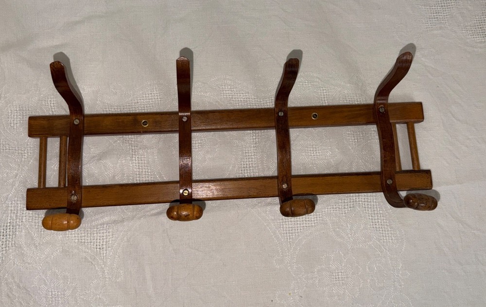 Vintage Bentwood 4 Hook Wall Mount Hat Coat Jacket Scarf Rack Thonet Style Brown