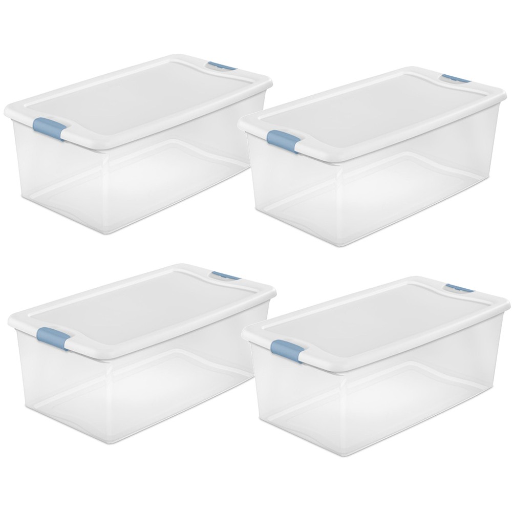 Sterilite 106 Qt Clear Plastic Stackable Storage Bin w/ White Latch Lid, 4 Pack