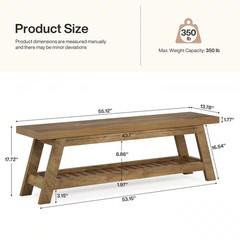 17In. H X 55 In. W Walnut Wood Shoe Storage Bench, 2-Tier Foyer Seating Bench wi