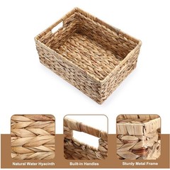 Natural Water Hyacinth Rectangular Storage Basket Organizer 15.9x12x7.1 Inch