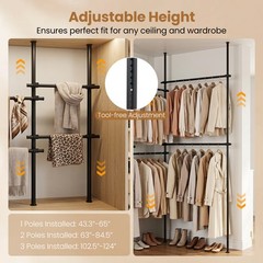 Adjustable Floor to Ceiling Clothes Rack with 6 Hanging Rods and Folding Drying
