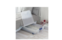 66 Qt Clear Underbed Storage Bin with Lid & Wheels Blue Rolling Box