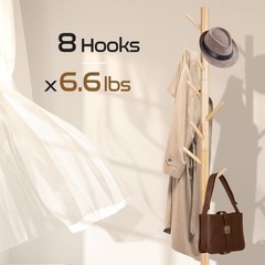 Solid Wooden Coat Rack Freestanding, Zealand Pine Coat Tree with 8 Hooks & 3 Adj