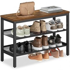 VASAGLE 3 Tier Shoe Rack Bench, One Piece 29.5″W Rustic Brown + Matte Black
