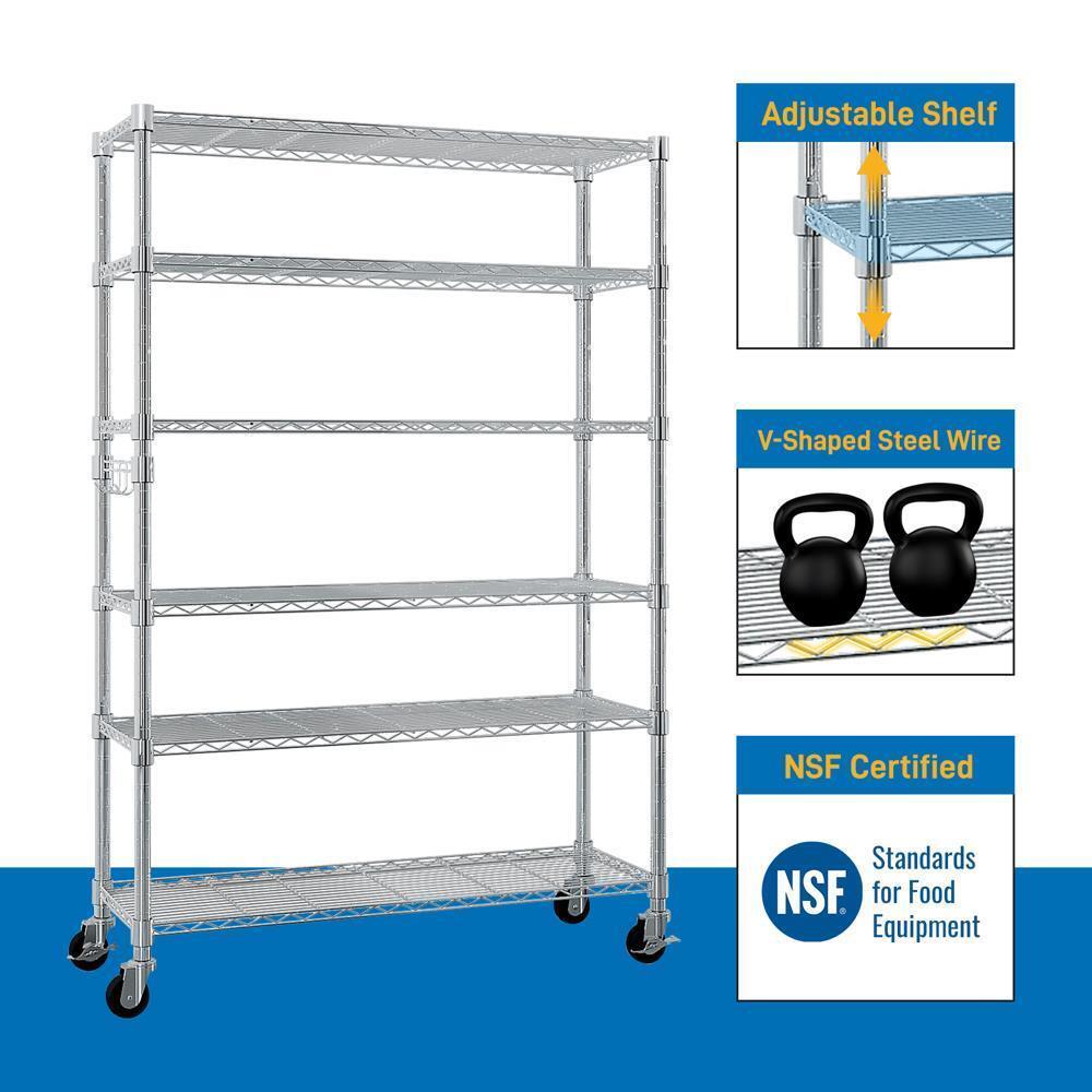 Heavy Duty 6 Tier Storage Shelves Metal Shelf Wire Metal Storage Rack with Wheel