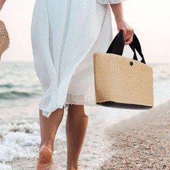 Women Boho Woven Handbag Beach Tote Straw & PU Leather Bag Rattan Shoulder Lady