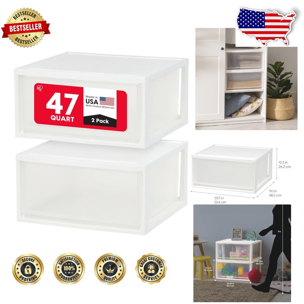 47 Qt. White Stackable Plastic Drawer Organizer – 2 Pack