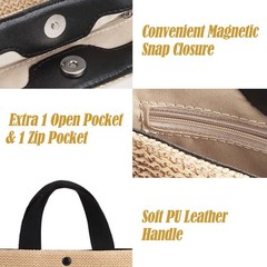Women Boho Woven Handbag Beach Tote Straw & PU Leather Bag Rattan Shoulder Lady