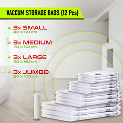 Vacuum Storage Bags – Space Saver for Clothes & Travel with Hand Pump – 12 Pack