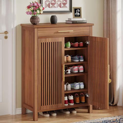 43 In. H X 32 In. W Brown Wood Shoe Storage Cabinet with Adjustable Shelves and