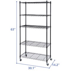 5-Shelf Steel Wire Tier Layer Shelving Space Storage Rolling w/ 4 Wheel Casters