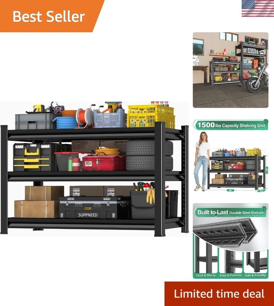 Adjustable 3-Tier Industrial Garage Shelving Unit – 48” W, Space-Saving Storage