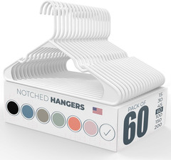 Premium Plastic Hangers 60Pk USA-Made Heavy Duty w/ Notches & Shoulders White