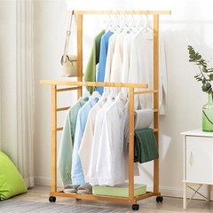 Double Hanging Rod Wooden Clothes Rack Portable Rolling Garment Rack Organizer