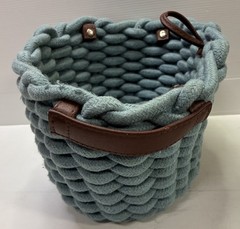Braided Rope Storage Basket Aqua Blue w/ Faux Leather Handles Boho