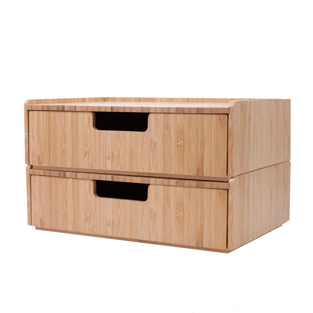 Mobilevision Bamboo Drawer 2 Pack Combo Set Stackable Storage Solution Clear
