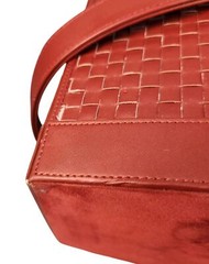 Woven Faux Leather and Wood Basket With Handle – Rectangular Design Deep Red Col