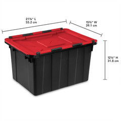 6 Pack Stackable 12 Gal Totes with Hinged Lids – Black/Red Storage Bins