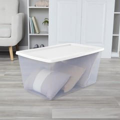 90 Quart Large Storage, Clear Plastic Storage Container with Snap-On Lid, White