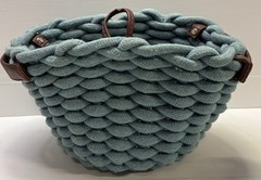 Braided Rope Storage Basket Aqua Blue w/ Faux Leather Handles Boho