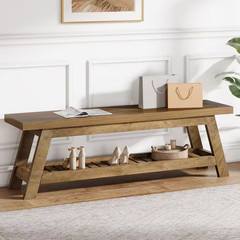 17In. H X 55 In. W Walnut Wood Shoe Storage Bench, 2-Tier Foyer Seating Bench wi