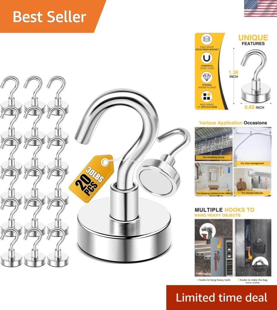 Versatile 20 Pack Magnetic Hooks 30lbs – Neodymium Strong Hold for Home & Travel