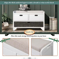 20 In. H X 32 In. W White Soild Wood Shoe Storage Bench with Removable Basket an