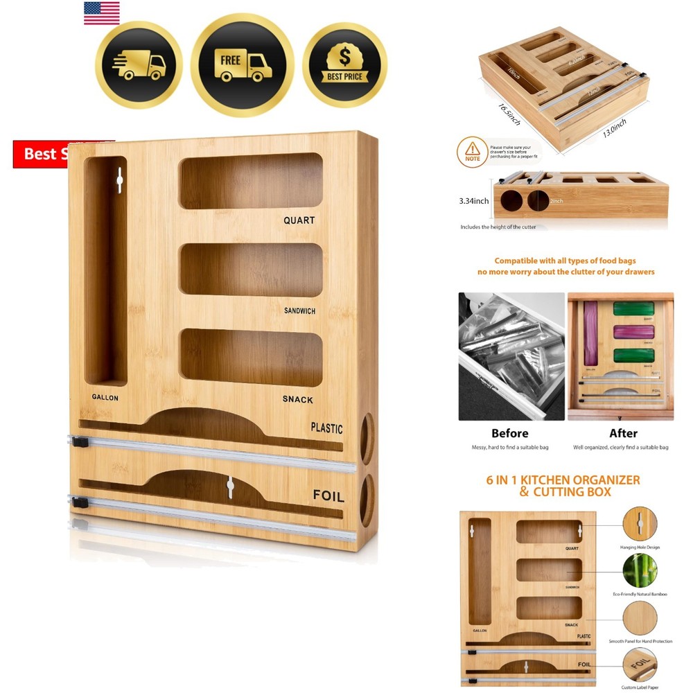 Kitchen Storage Bag Organizer with Foil Wrap Dispenser 6 in 1 Bamboo