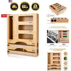 Kitchen Storage Bag Organizer with Foil Wrap Dispenser 6 in 1 Bamboo