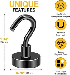 Industrial-Grade Black Magnetic Hooks 50 LB – Rust Resistant Neodymium 20 Pack