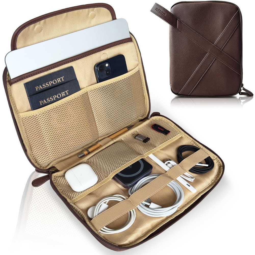 Vegan Leather Travel Tech Pouch, Electronics & Cable Case Organizer with Padd…