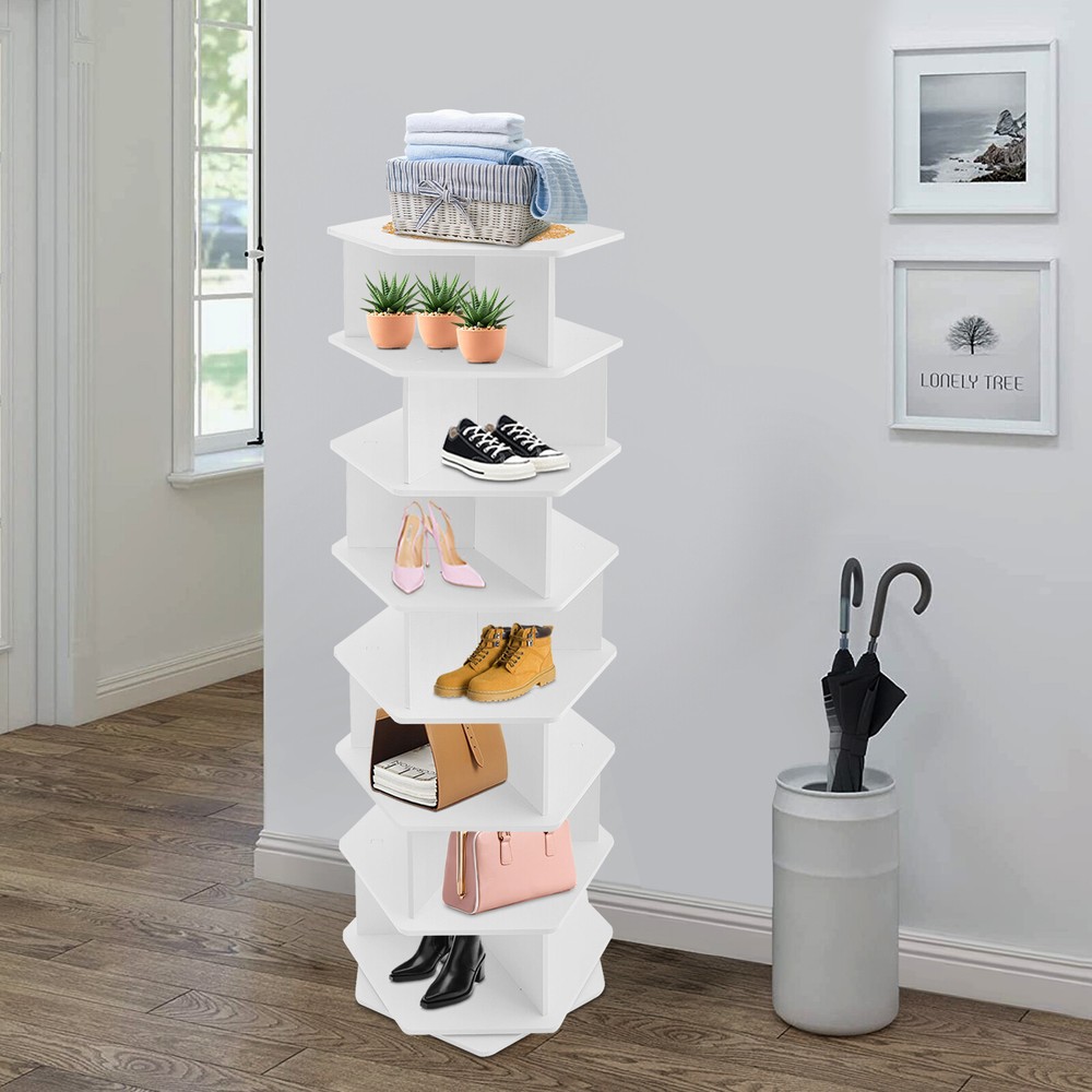 7-Tier Rotating Shoe Rack Tower 360° Spinning Shoe Display Carousel White