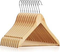 Elegant 10 Count Wooden Suit Hangers – Chrome Hook and Notches for All Clothing