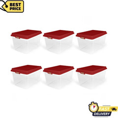 Hefty 72 Qt Clear Plastic Storage Bin Holiday Red HI-RISE Lid Latching Tote, 6PK
