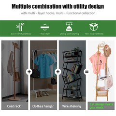 Bamboo Clothes Rail Stand Coat Rack with 2 Ladder Shelves w/Hooks Hallway Sturdy