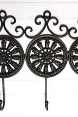Vintage Cast Iron Metal Black Medallion Wall Hooks Four on One Piece Cottage