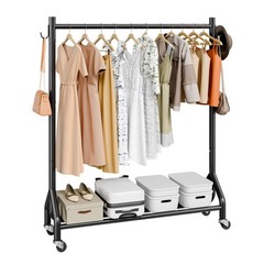 Uimoso Rolling Garment Rack with Hanging Bar & Side Hooks, 198 lbs Capacity