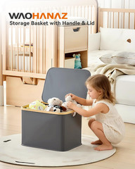 Collapsible 40L Grey Storage Basket with Lid & Handles for Home Organization